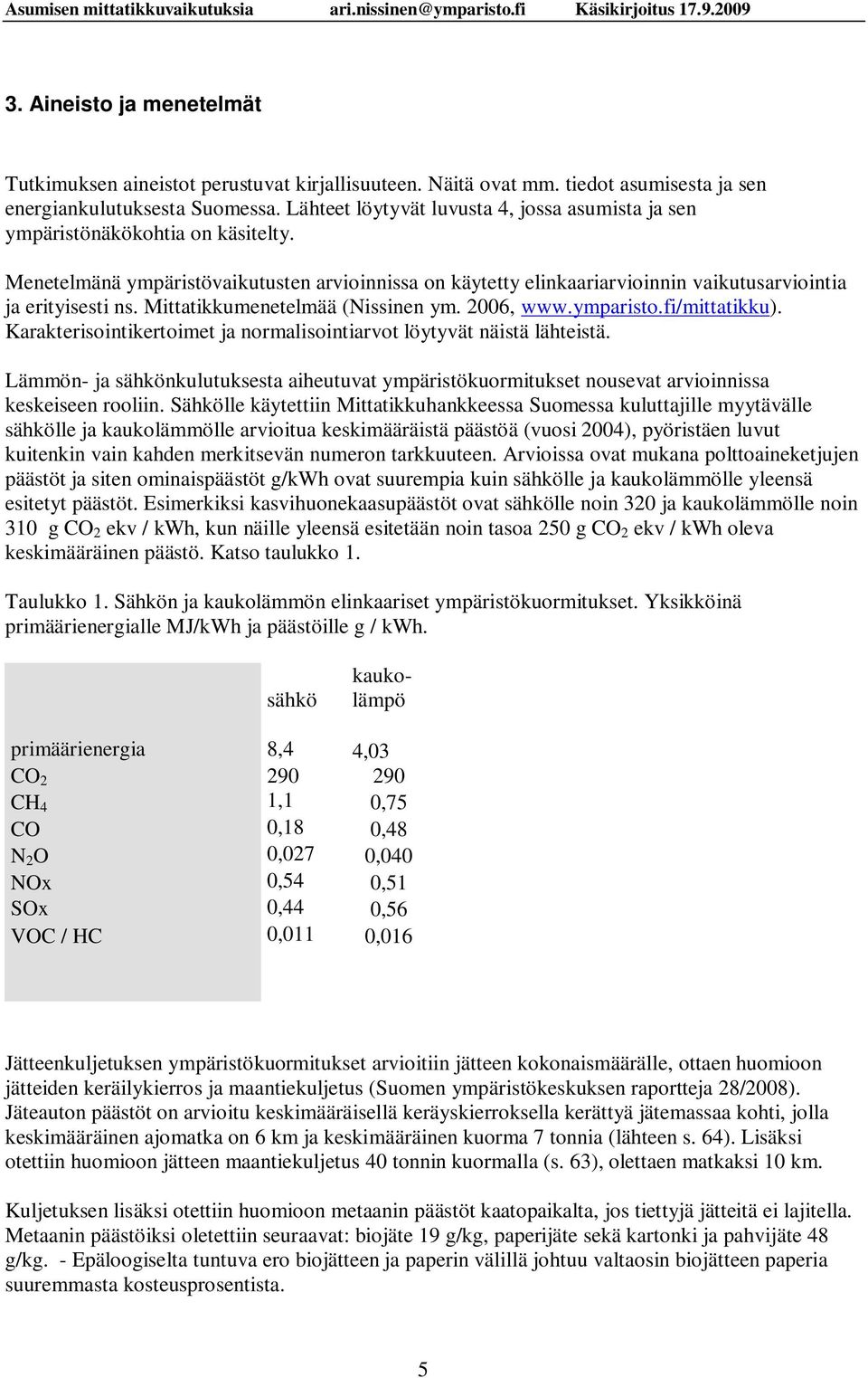 Mittatikkumenetelmää (Nissinen ym. 2006, www.ymparisto.fi/mittatikku). Karakterisointikertoimet ja normalisointiarvot löytyvät näistä lähteistä.