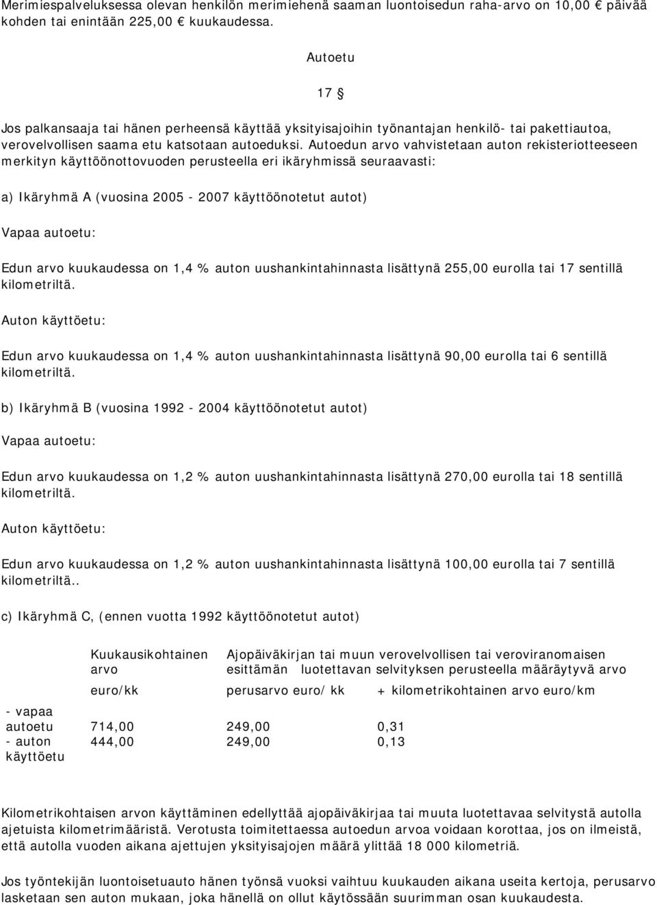 Autoedun arvo vahvistetaan auton rekisteriotteeseen merkityn käyttöönottovuoden perusteella eri ikäryhmissä seuraavasti: a) Ikäryhmä A (vuosina 2005-2007 käyttöönotetut autot) Vapaa autoetu: Edun