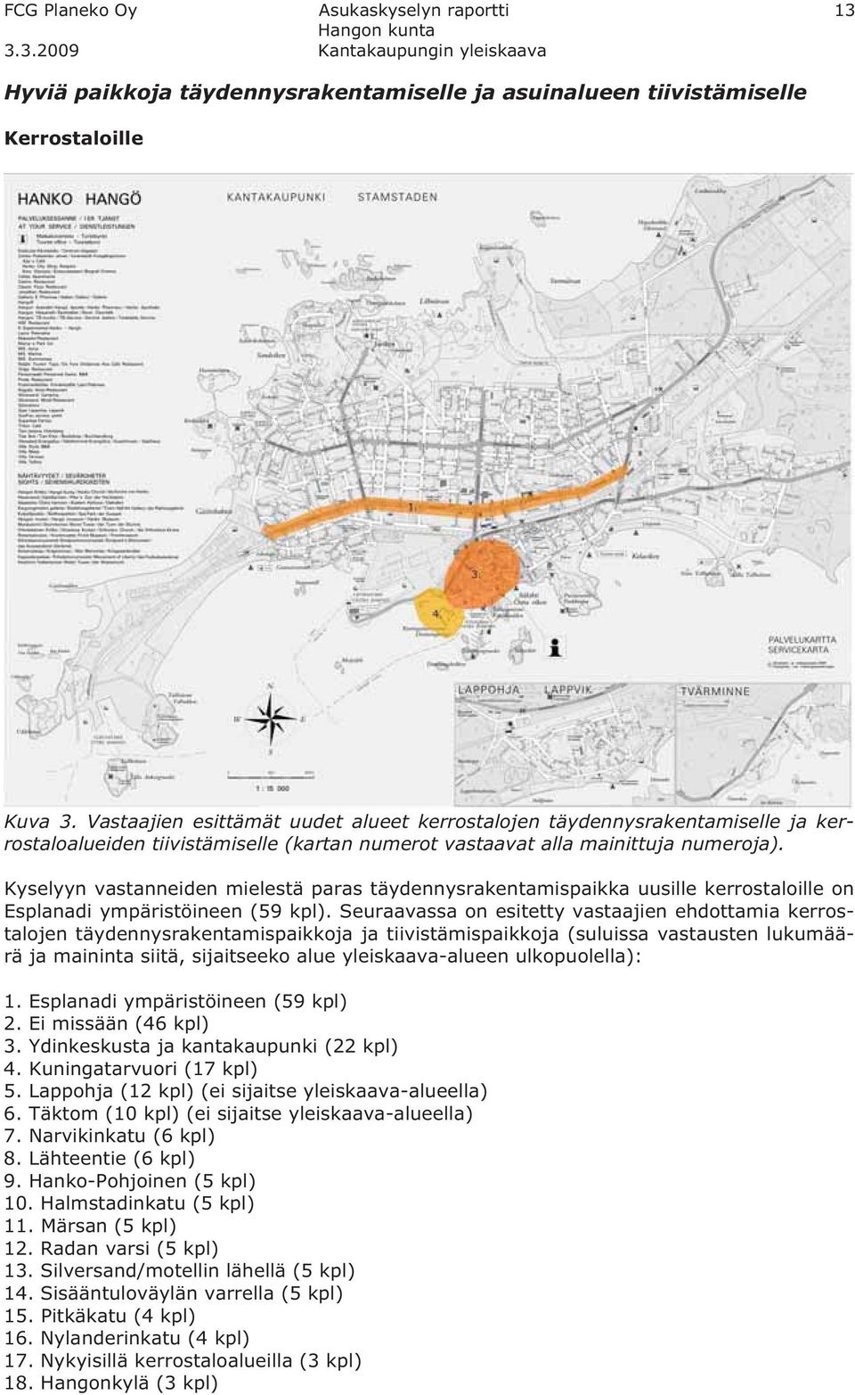 Kyselyyn vastanneiden mielestä paras täydennysrakentamispaikka uusille kerrostaloille on Esplanadi ympäristöineen (59 kpl).