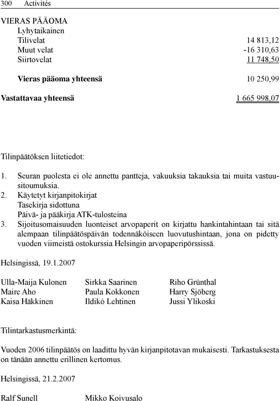 Sijoitusomaisuuden luonteiset arvopaperit on kirjattu hankintahintaan tai sitä alempaan tilinpäätöspäivän todennäköiseen luovutushintaan, jona on pidetty vuoden viimeistä ostokurssia Helsingin