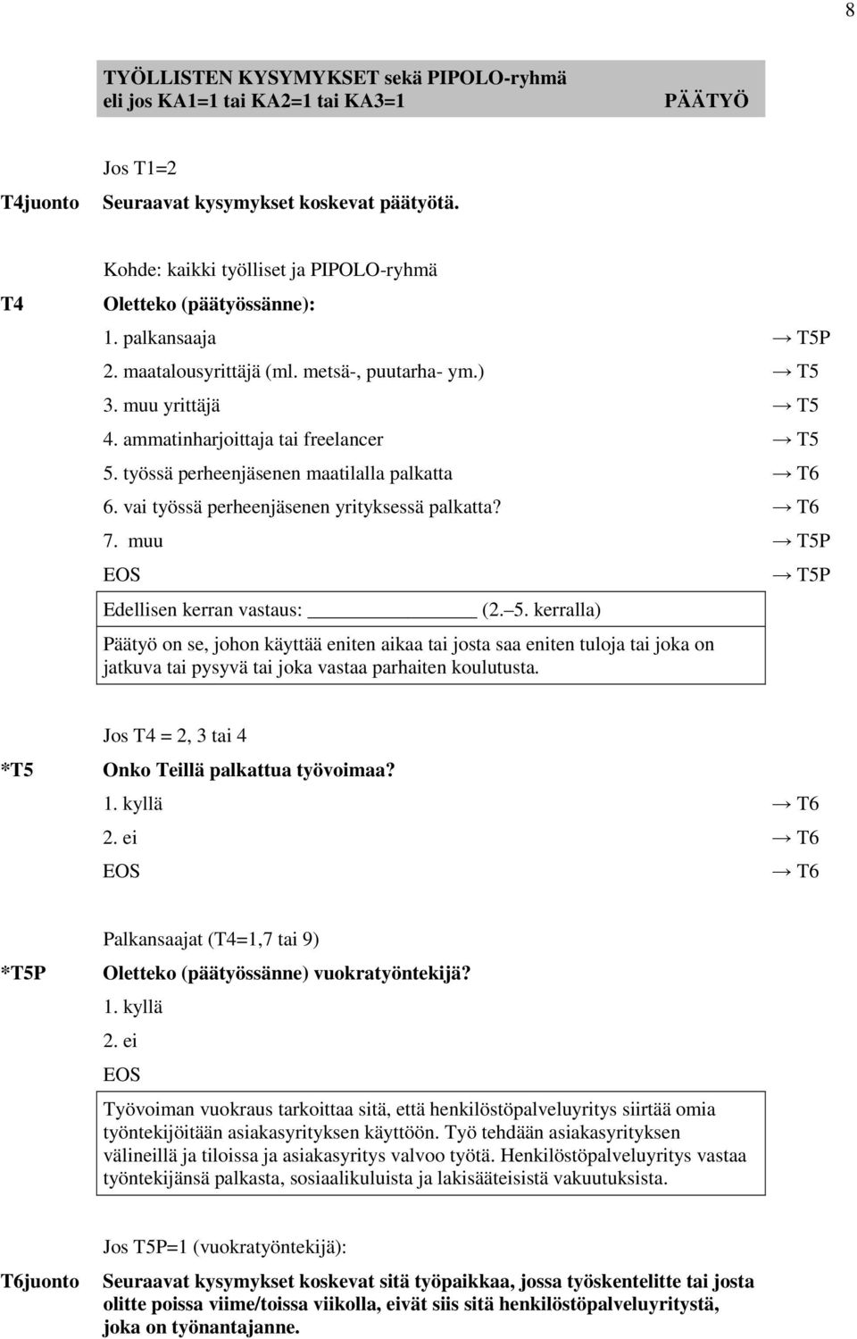 työssä perheenjäsenen maatilalla palkatta T6 6. vai työssä perheenjäsenen yrityksessä palkatta? T6 7. muu T5P Edellisen kerran vastaus: (2. 5.