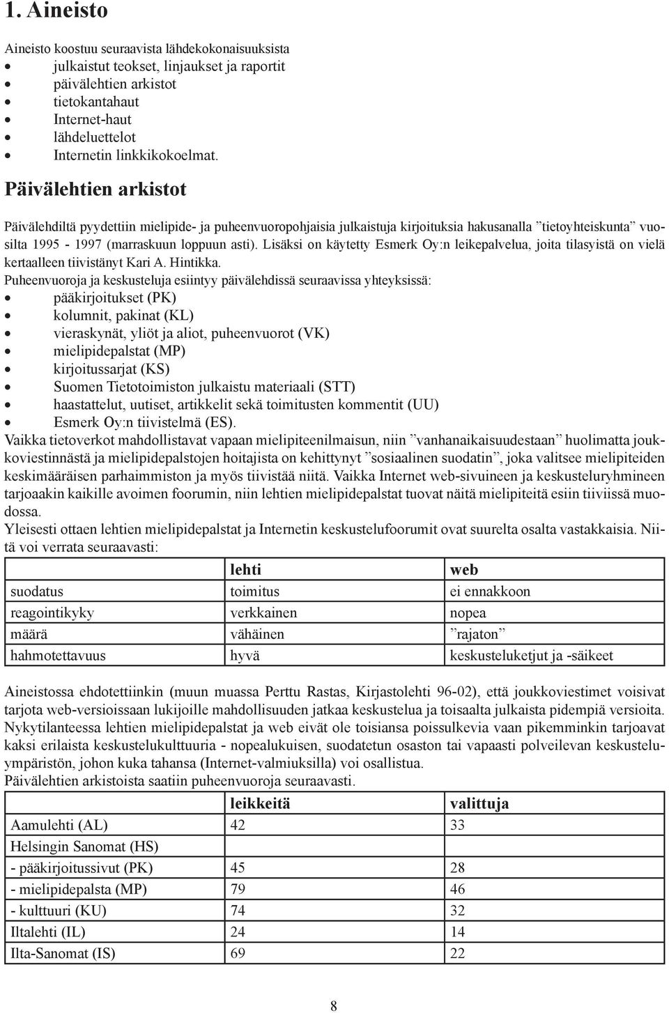 Lisäksi on käytetty Esmerk Oy:n leikepalvelua, joita tilasyistä on vielä kertaalleen tiivistänyt Kari A. Hintikka.