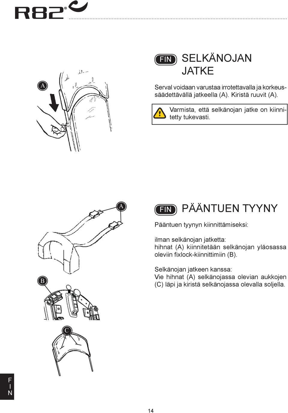 PÄÄTUE TYYY Pääntuen tyynyn kiinnittämiseksi: ilman selkänojan jatketta: hihnat () kiinnitetään selkänojan