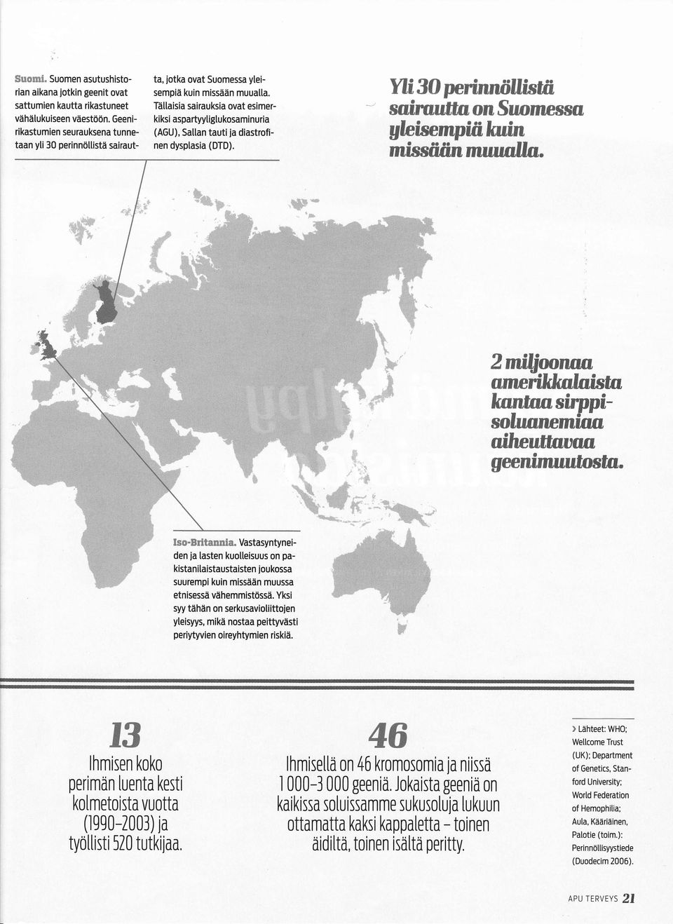 Tätlaisia sairauksia ovat esimerkiksi aspartyytiglukosaminuria (AGU), Sattan tautija diastrofinen dysptasia (DTD). YtiSO Wrinniitnsffi sailuultnonsuornessa yleisempiiiltnin missfiön muttnlln.