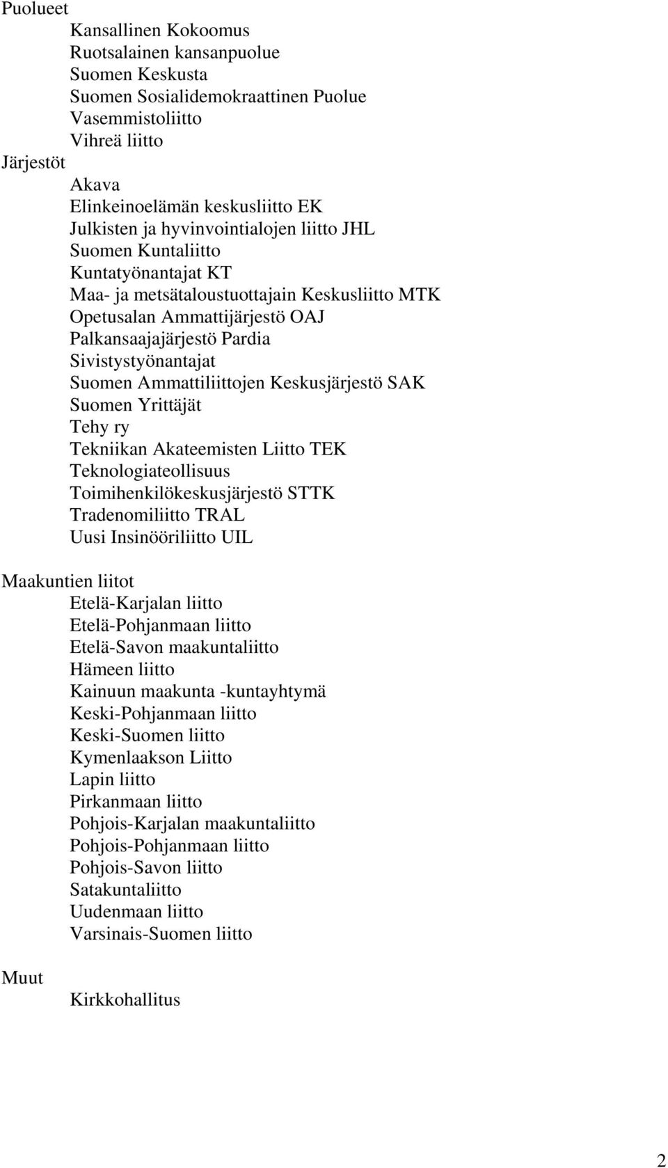 Ammattiliittojen Keskusjärjestö SAK Suomen Yrittäjät Tehy ry Tekniikan Akateemisten Liitto TEK Teknologiateollisuus Toimihenkilökeskusjärjestö STTK Tradenomiliitto TRAL Uusi Insinööriliitto UIL