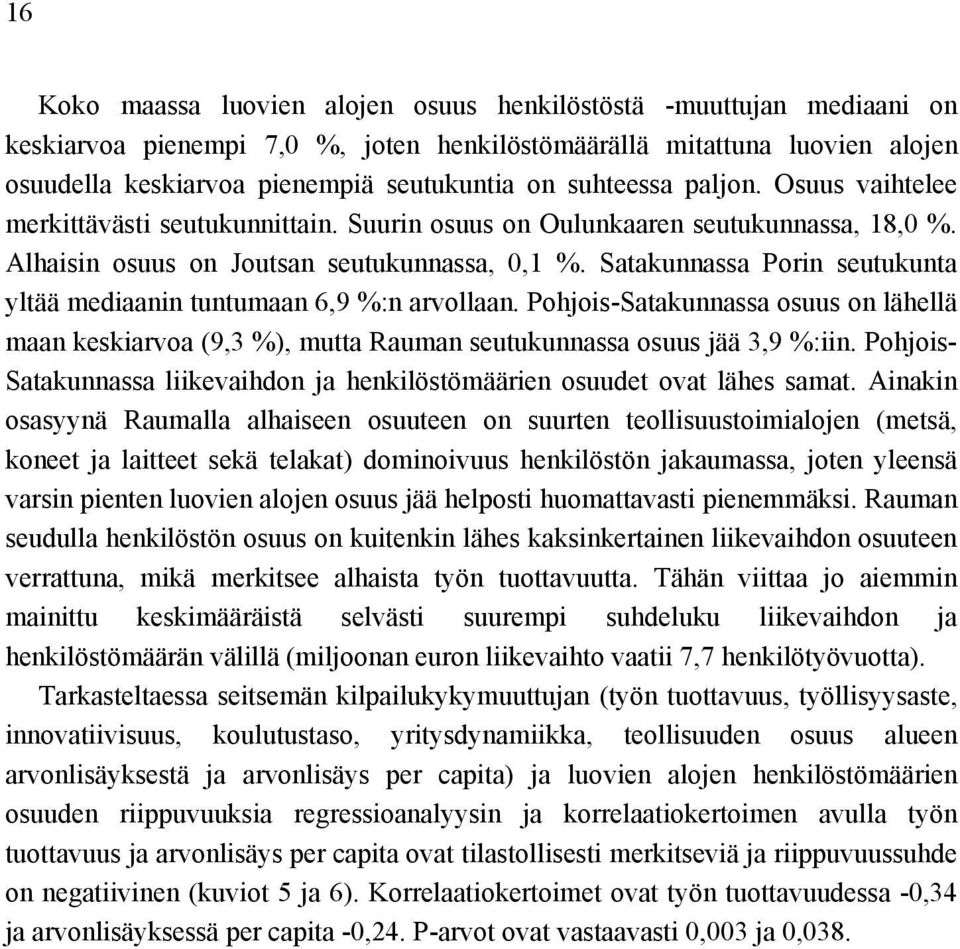 Satakunnassa Porin seutukunta yltää mediaanin tuntumaan 6,9 %:n arvollaan. Pohjois-Satakunnassa osuus on lähellä maan keskiarvoa (9,3 %), mutta Rauman seutukunnassa osuus jää 3,9 %:iin.