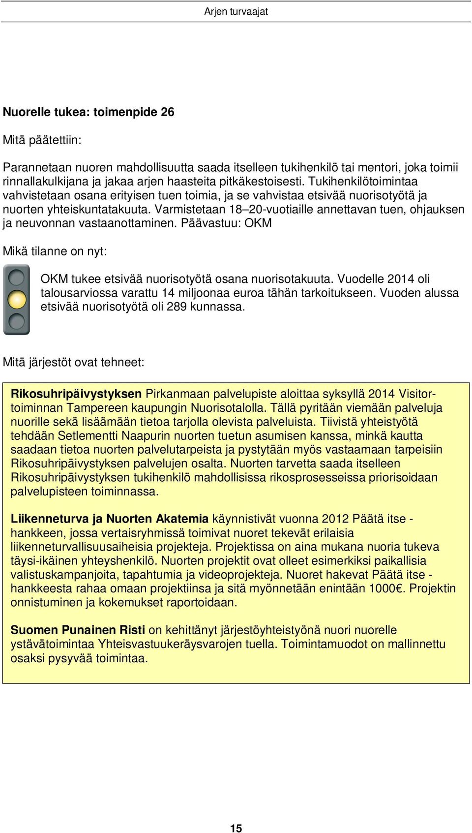 Varmistetaan 18 20-vuotiaille annettavan tuen, ohjauksen ja neuvonnan vastaanottaminen. Päävastuu: OKM Mikä tilanne on nyt: OKM tukee etsivää nuorisotyötä osana nuorisotakuuta.