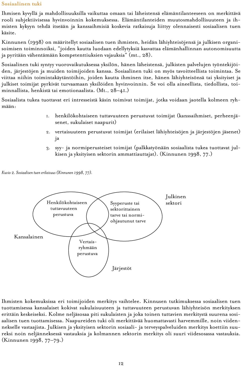 Kinnunen (1998) on määritellyt sosiaalisen tuen ihmisten, heidän lähiyhteisöjensä ja julkisen organisoimisen toiminnoiksi, joiden kautta luodaan edellytyksiä kasvattaa elämänhallinnan autonomisuutta