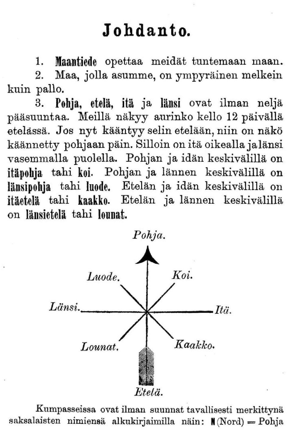 Silloin on itä oikealla jalänsi vasemmalla puolella. Pohjan ja idän keskivälillä on itäpohja tahi koi. Pohjan ja lännen keskivälillä on länsipohja tahi luode.