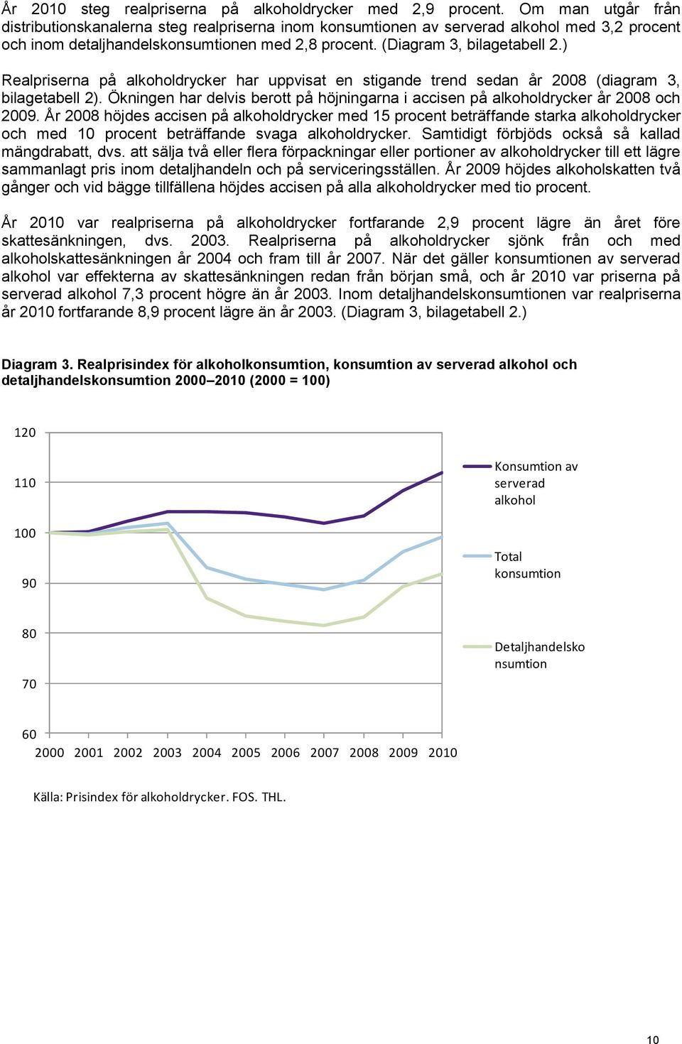 ) Realpriserna på alkoholdrycker har uppvisat en stigande trend sedan år 2008 (diagram 3, bilagetabell 2). Ökningen har delvis berott på höjningarna i accisen på alkoholdrycker år 2008 och 2009.