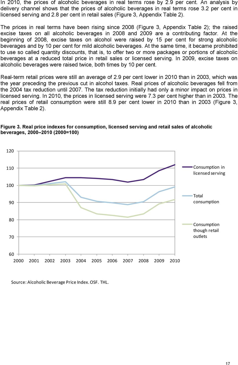 The prices in real terms have been rising since 2008 (Figure 3, Appendix Table 2); the raised excise taxes on all alcoholic beverages in 2008 and 2009 are a contributing factor.