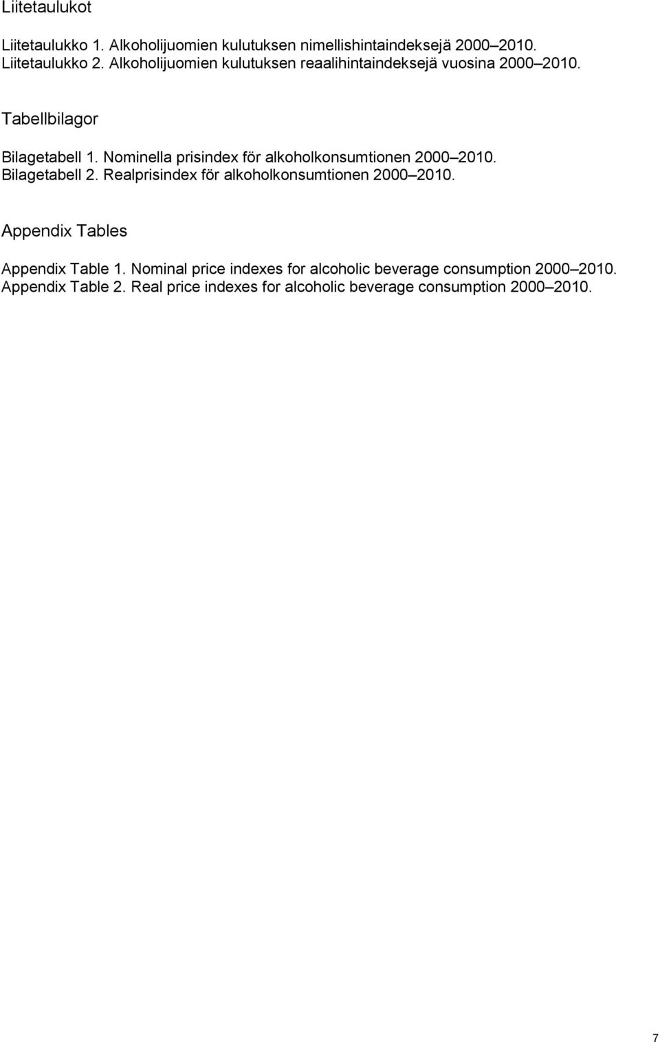 Nominella prisindex för alkoholkonsumtionen 2000 2010. Bilagetabell 2. Realprisindex för alkoholkonsumtionen 2000 2010.