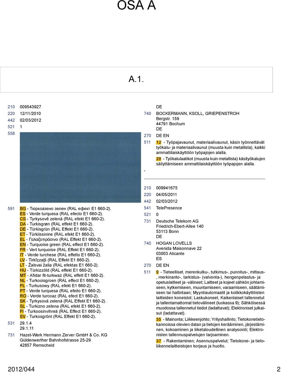 2 - Työkalulaatikot (muusta kuin metallista) käsityökalujen säilyttämiseen ammattilaiskäyttöön työpajojen alalla. 591 BG - Тюркоазено зелен (RAL ефект E1 66-2).