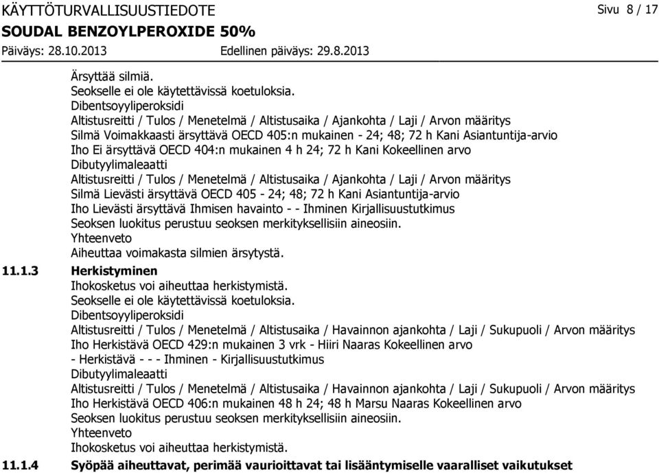 404:n mukainen 4 h 24; 72 h Kani Kokeellinen arvo Altistusreitti / Tulos / Menetelmä / Altistusaika / Ajankohta / Laji / Arvon määritys Silmä Lievästi ärsyttävä OECD 405-24; 48; 72 h Kani