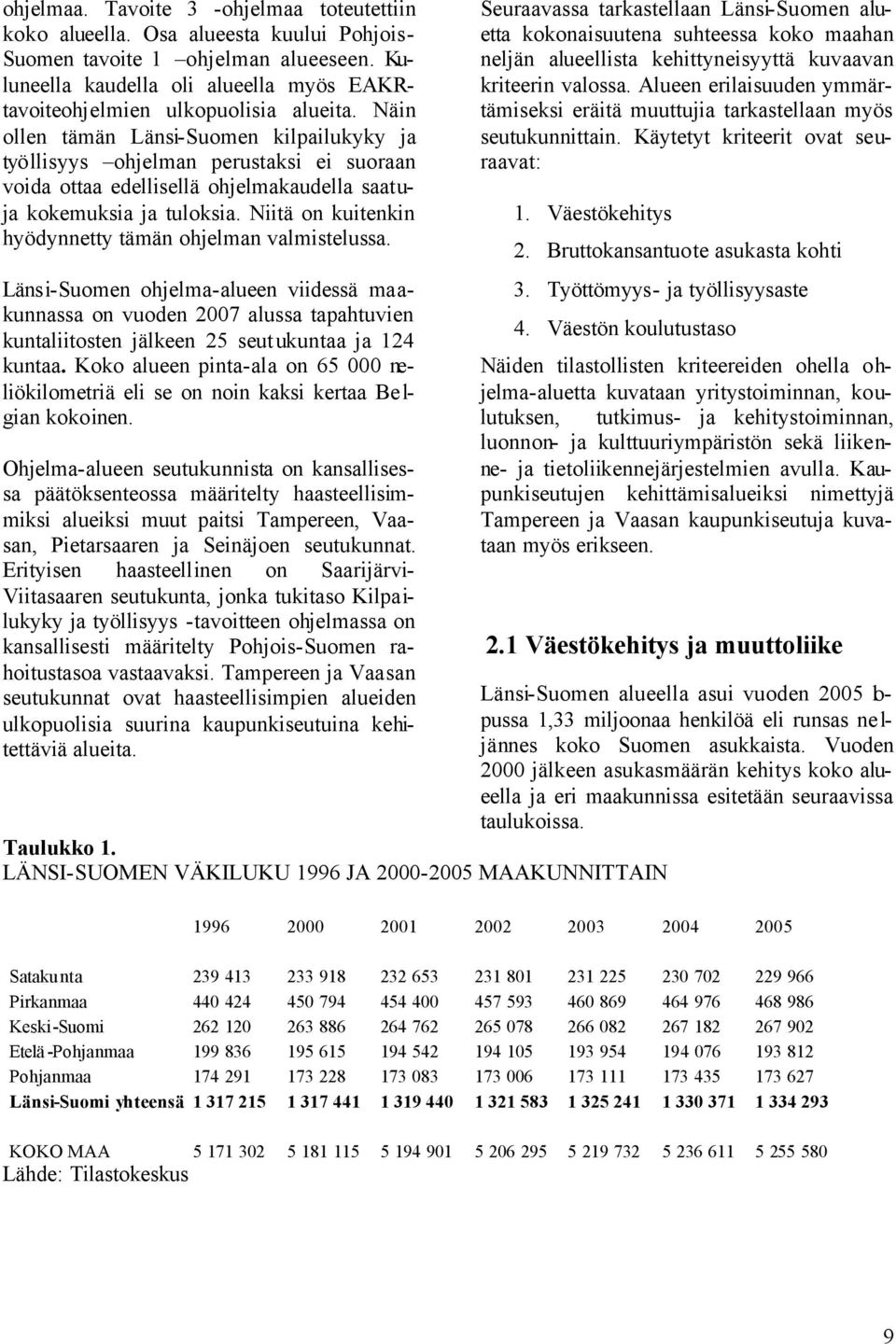 Näin ollen tämän Länsi-Suomen kilpailukyky ja työllisyys ohjelman perustaksi ei suoraan voida ottaa edellisellä ohjelmakaudella saatuja kokemuksia ja tuloksia.