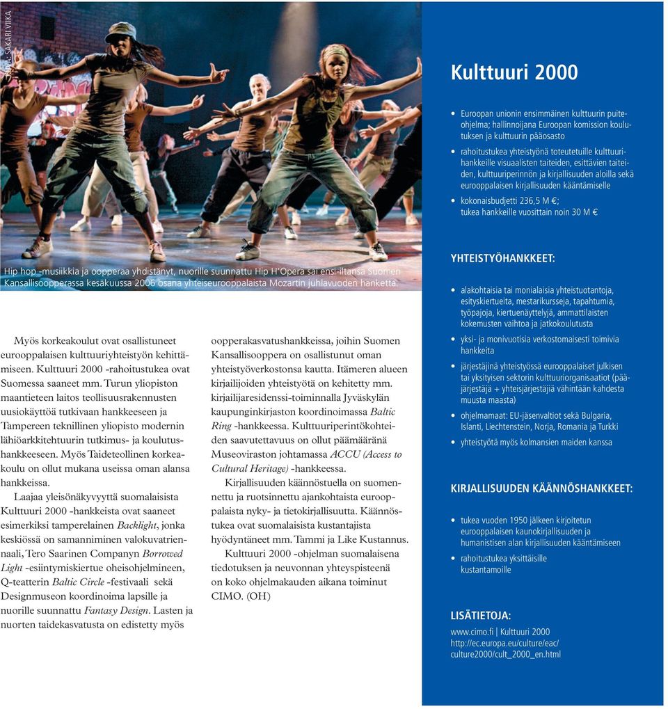 hankkeille vuosittain noin 30 M Hip hop -musiikkia ja oopperaa yhdistänyt, nuorille suunnattu Hip H Opera sai ensi-iltansa Suomen Kansallisoopperassa kesäkuussa 2006 osana yhteiseurooppalaista