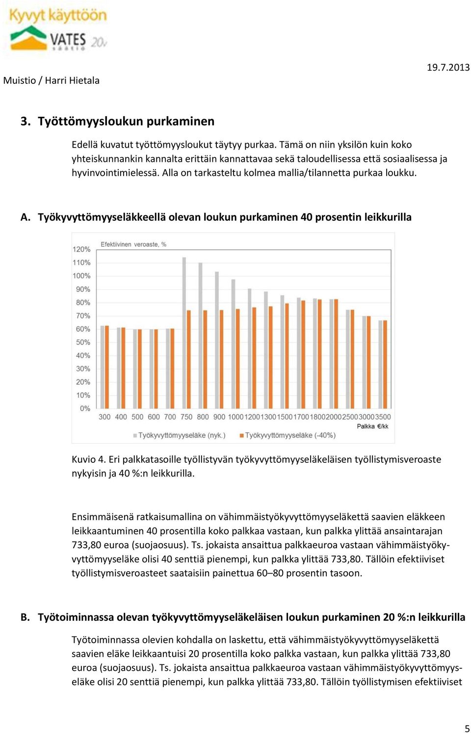 A. Työkyvyttömyyseläkkeellä olevan loukun purkaminen 40 prosentin leikkurilla Kuvio 4. Eri palkkatasoille työllistyvän työkyvyttömyyseläkeläisen työllistymisveroaste nykyisin ja 40 %:n leikkurilla.