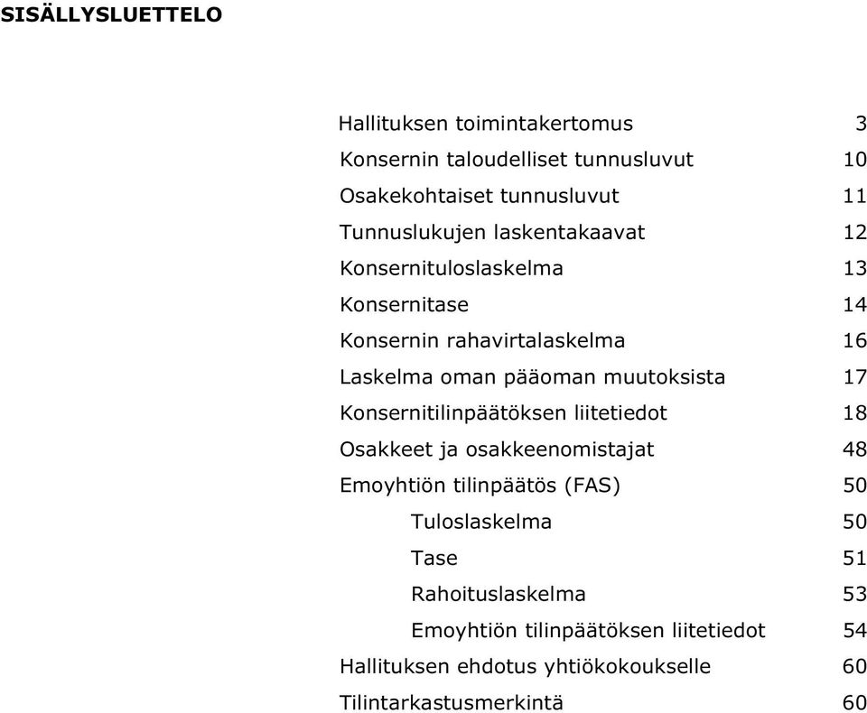 muutoksista 17 Konsernitilinpäätöksen liitetiedot 18 Osakkeet ja osakkeenomistajat 48 Emoyhtiön tilinpäätös (FAS) 50