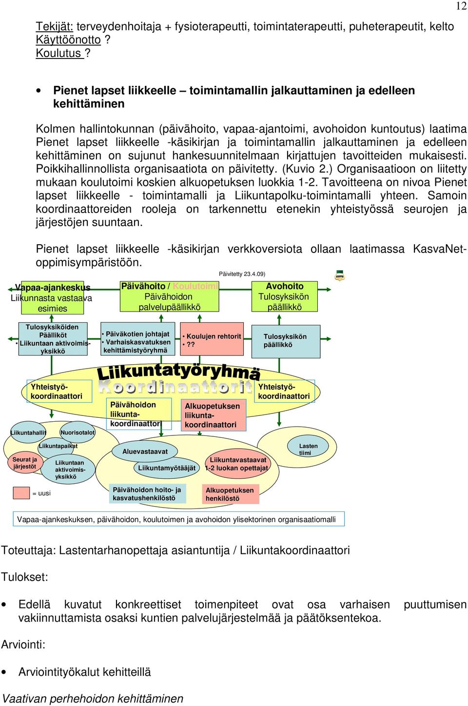 -käsikirjan ja toimintamallin jalkauttaminen ja edelleen kehittäminen on sujunut hankesuunnitelmaan kirjattujen tavoitteiden mukaisesti. Poikkihallinnollista organisaatiota on päivitetty. (Kuvio 2.