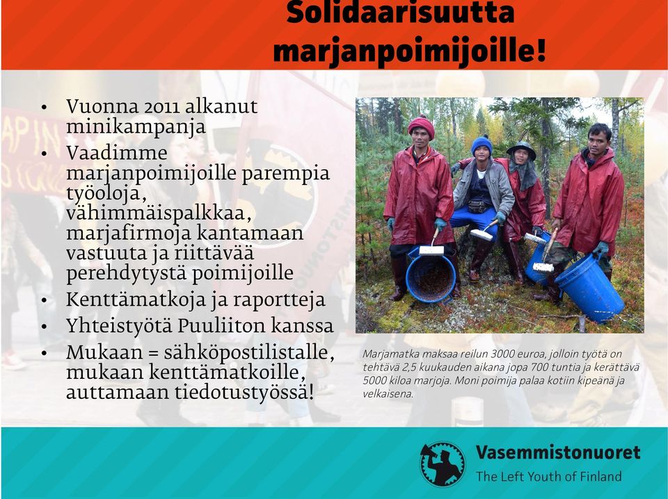 ja riittävää perehdytystä poimijoille Kenttämatkoja ja raportteja Yhteistyötä Puuliiton kanssa Mukaan = sähköpostilistalle,