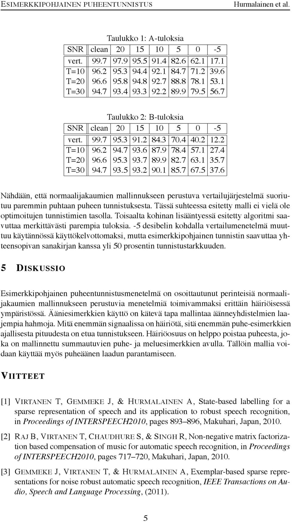 6 Nähdään, että normaalijakaumien mallinnukseen perustuva vertailujärjestelmä suoriutuu paremmin puhtaan puheen tunnistuksesta.