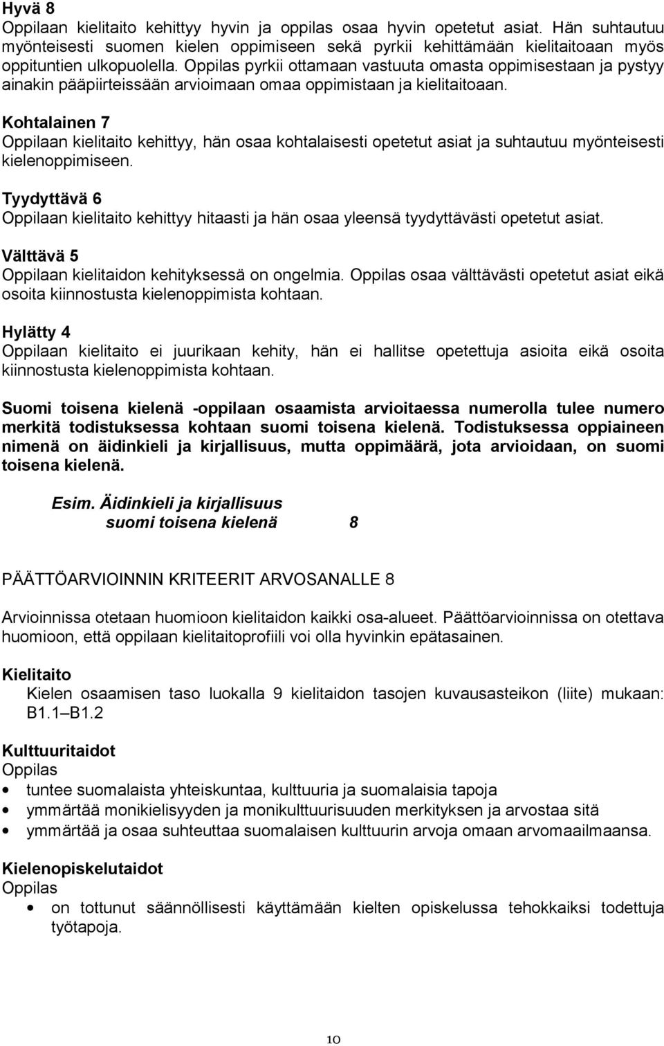 Kohtalainen 7 Oppilaan kielitaito kehittyy, hän osaa kohtalaisesti opetetut asiat ja suhtautuu myönteisesti kielenoppimiseen.