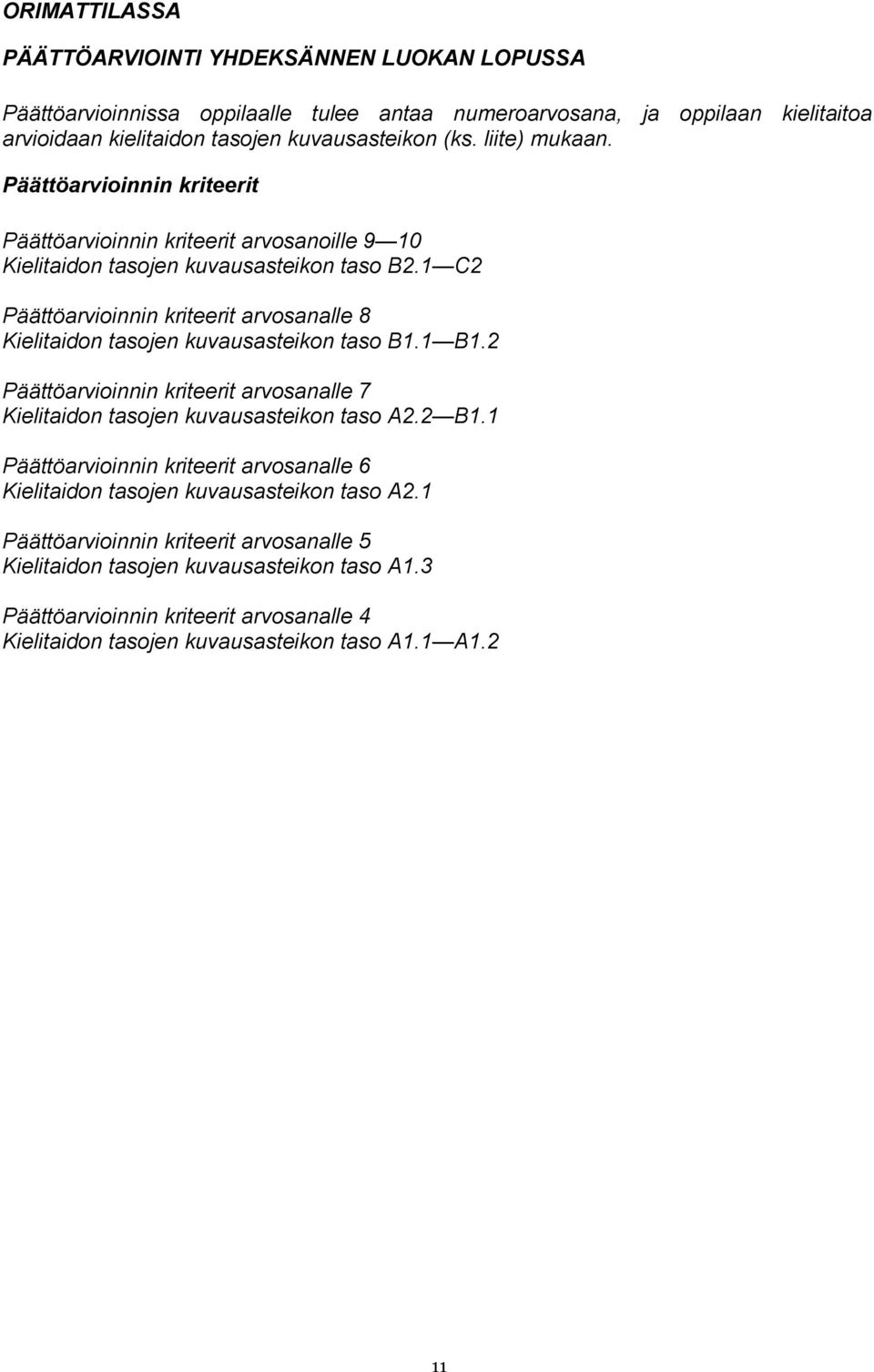 1 C2 Päättöarvioinnin kriteerit arvosanalle 8 Kielitaidon tasojen kuvausasteikon taso B1.1 B1.2 Päättöarvioinnin kriteerit arvosanalle 7 Kielitaidon tasojen kuvausasteikon taso A2.2 B1.