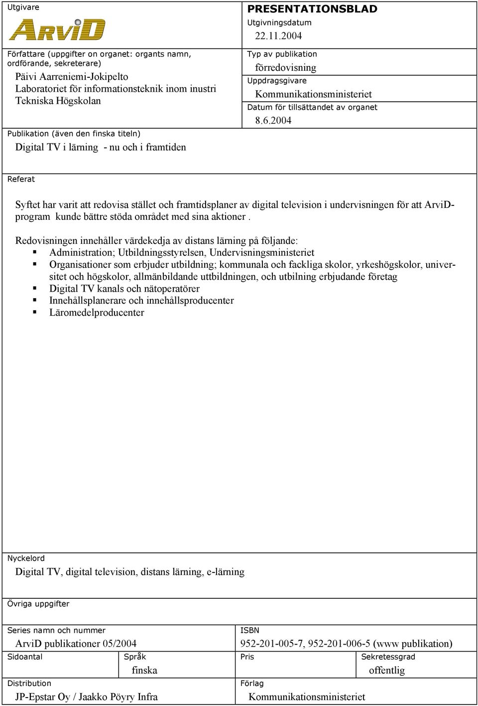 2004 Typ av publikation förredovisning Uppdragsgivare Kommunikationsministeriet Datum för tillsättandet av organet 8.6.