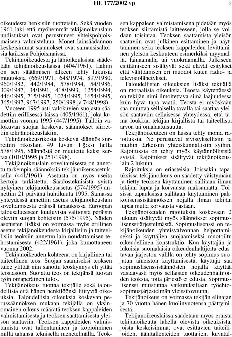 Lakiin on sen säätämisen jälkeen tehty lukuisia muutoksia (669/1971, 648/1974, 897/1980, 960/1982, 442/1984, 578/1984, 54/1986, 309/1987, 34/1991, 418/1993, 1254/1994, 446/1995, 715/1995, 1024/1995,