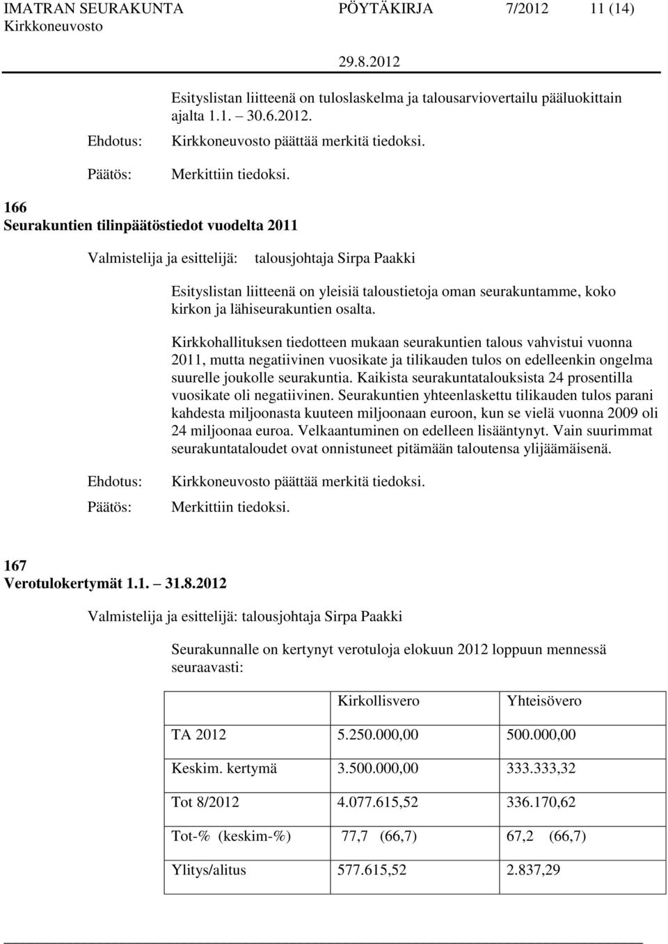 Kirkkohallituksen tiedotteen mukaan seurakuntien talous vahvistui vuonna 2011, mutta negatiivinen vuosikate ja tilikauden tulos on edelleenkin ongelma suurelle joukolle seurakuntia.