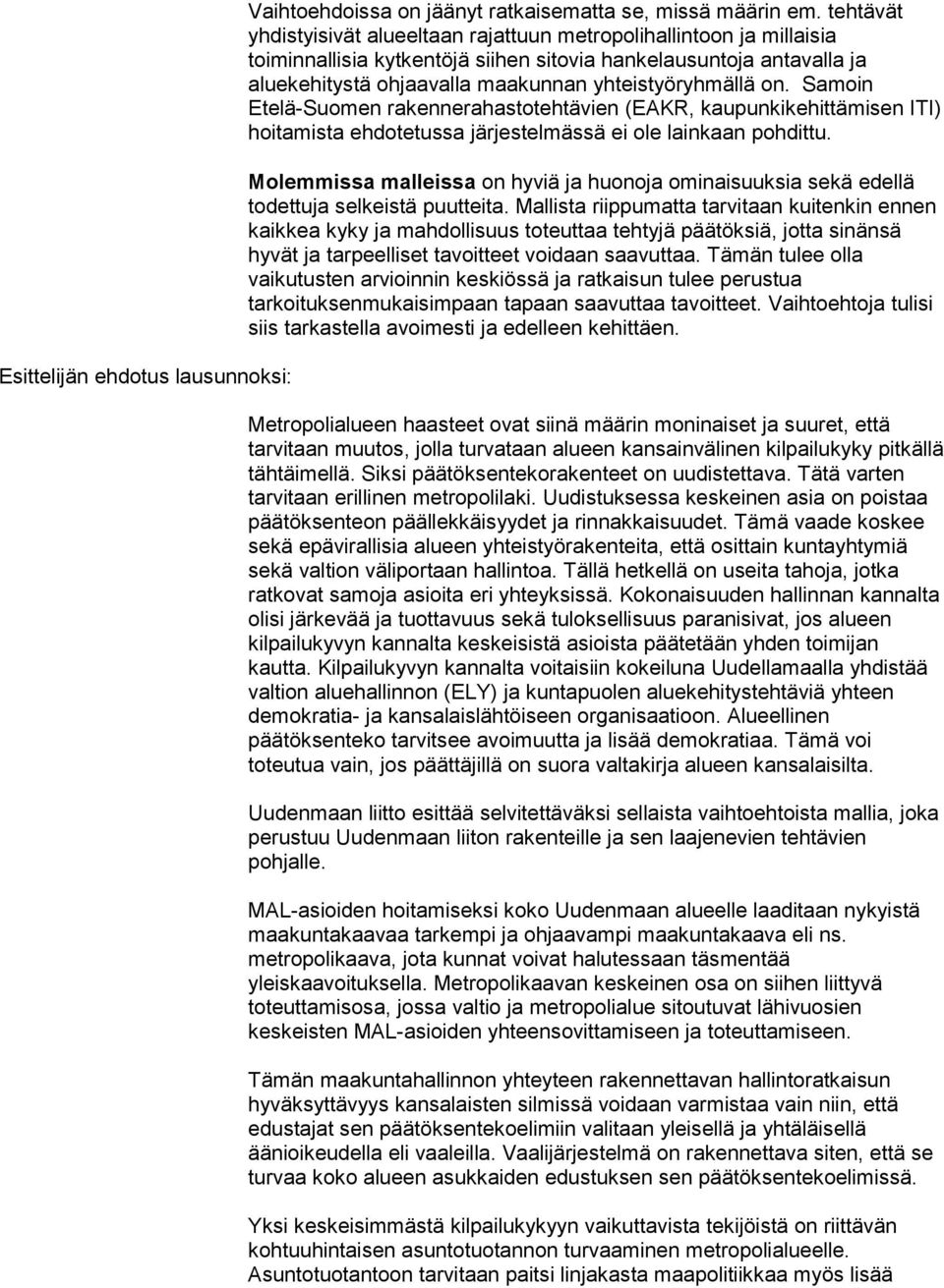 on. Samoin Etelä-Suomen rakennerahastotehtävien (EAKR, kaupunkikehittämisen ITI) hoitamista ehdotetussa järjestelmässä ei ole lainkaan pohdittu.