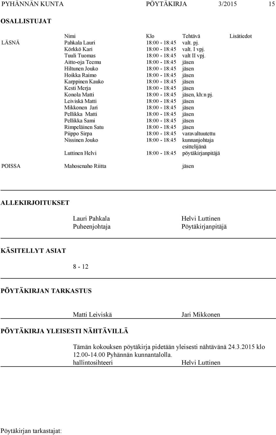 pj. Leiviskä Matti 18:00-18:45 jäsen Mikkonen Jari 18:00-18:45 jäsen Pellikka Matti 18:00-18:45 jäsen Pellikka Sami 18:00-18:45 jäsen Rimpeläinen Satu 18:00-18:45 jäsen Piippo Sirpa 18:00-18:45
