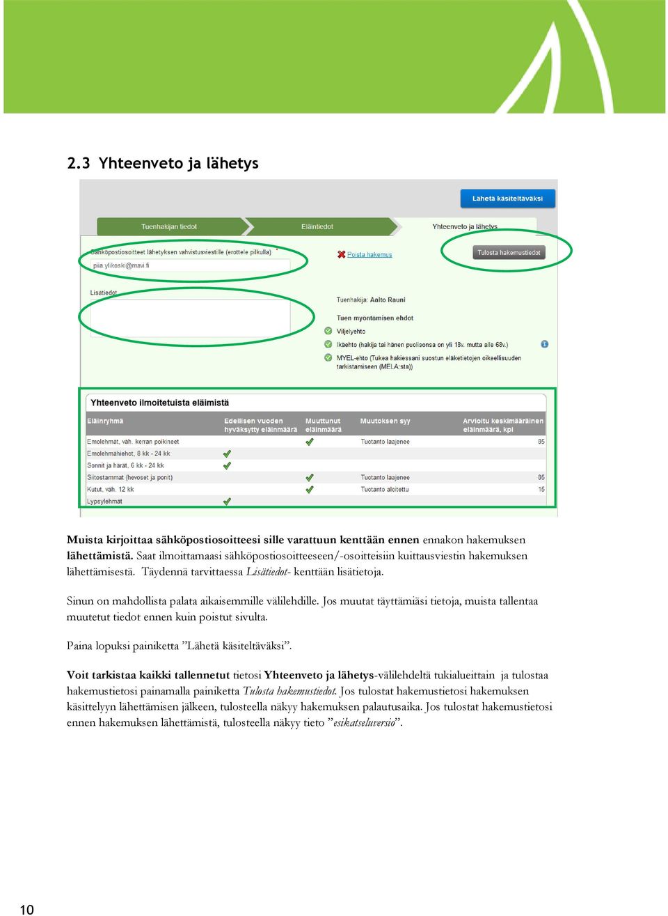 Sinun on mahdollista palata aikaisemmille välilehdille. Jos muutat täyttämiäsi tietoja, muista tallentaa muutetut tiedot ennen kuin poistut sivulta. Paina lopuksi painiketta Lähetä käsiteltäväksi.