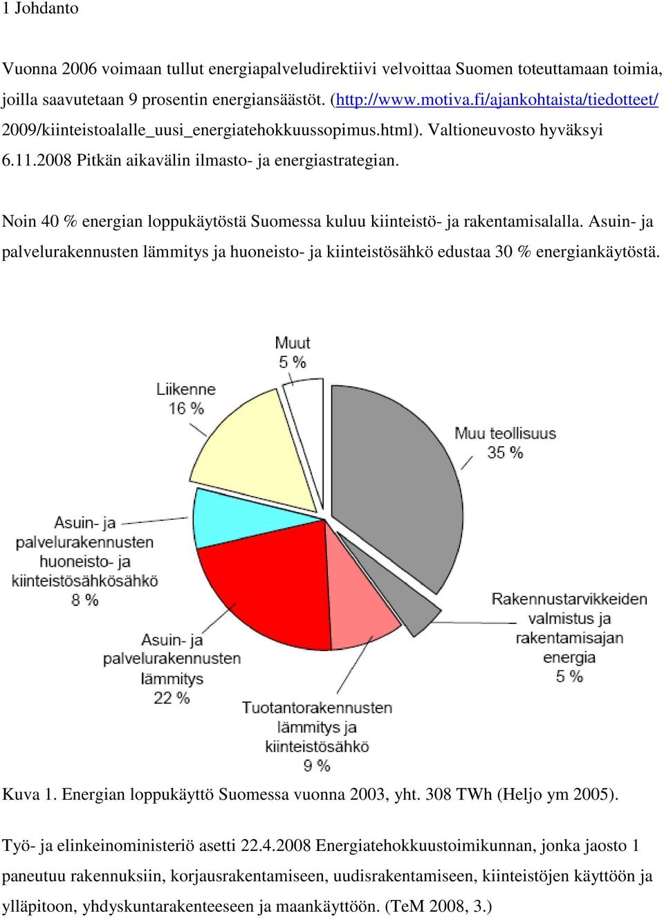 Noin 40 % energian loppukäytöstä Suomessa kuluu kiinteistö- ja rakentamisalalla. Asuin- ja palvelurakennusten lämmitys ja huoneisto- ja kiinteistösähkö edustaa 30 % energiankäytöstä. Kuva 1.