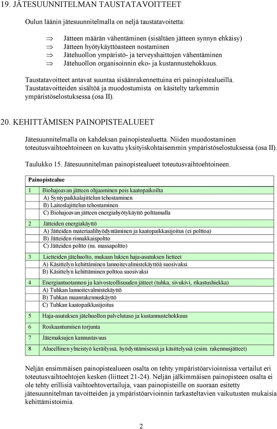 Taustatavoitteiden sisältöä ja muodostumista on käsitelty tarkemmin ympäristöselostuksessa (osa II). 20. KEHITTÄMISEN PAINOPISTEALUEET Jätesuunnitelmalla on kahdeksan painopistealuetta.