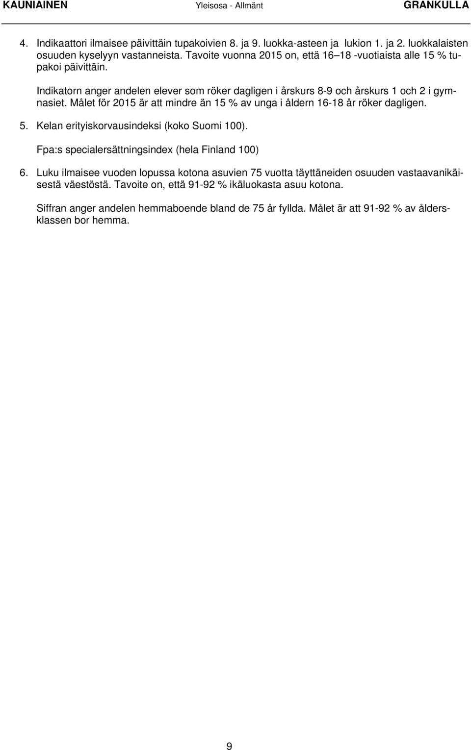 Målet för 2015 är att mindre än 15 % av unga i åldern 16-18 år röker dagligen. 5. Kelan erityiskorvausindeksi (koko Suomi 100). Fpa:s specialersättningsindex (hela Finland 100) 6.