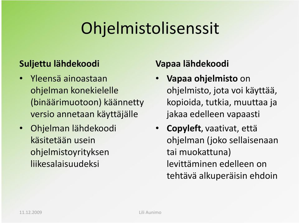 lähdekoodi Vapaa ohjelmisto on ohjelmisto, jota voi käyttää, kopioida, tutkia, muuttaa ja jakaa edelleen vapaasti