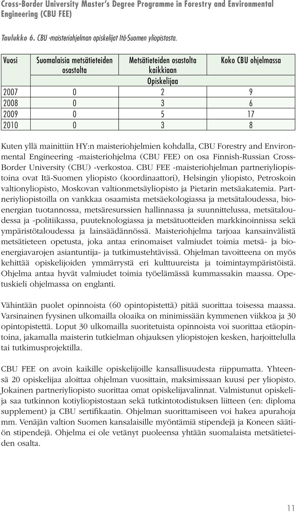 kohdalla, CBU Forestry and Environmental Engineering -maisteriohjelma (CBU FEE) on osa Finnish-Russian Cross- Border University (CBU) -verkostoa.