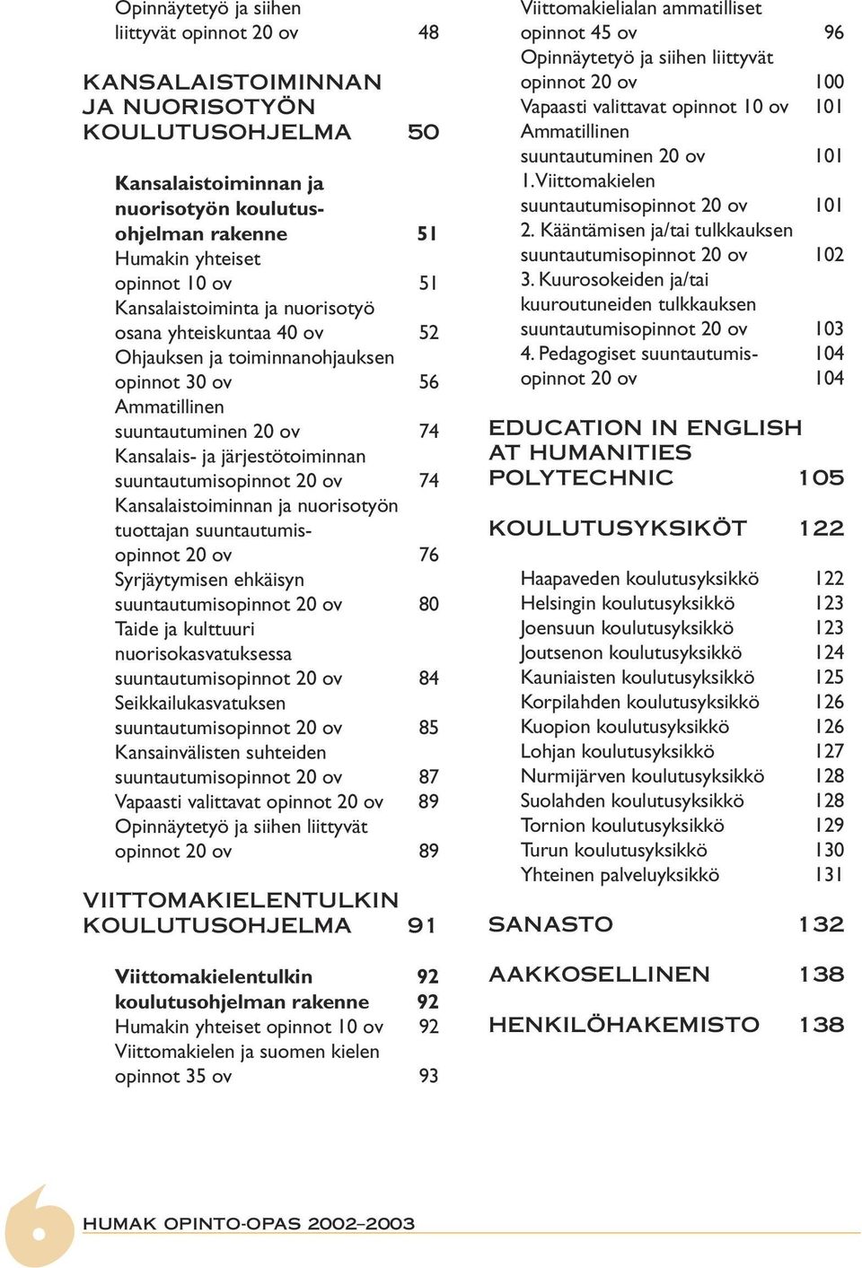 20 ov 74 Kansalaistoiminnan ja nuorisotyön tuottajan suuntautumisopinnot 20 ov 76 Syrjäytymisen ehkäisyn suuntautumisopinnot 20 ov 80 Taide ja kulttuuri nuorisokasvatuksessa suuntautumisopinnot 20 ov