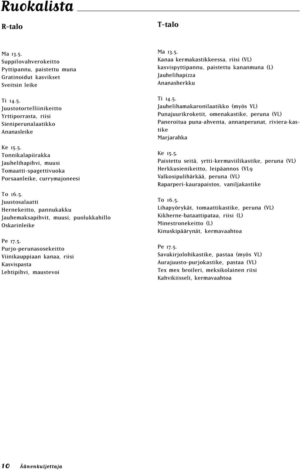 5. Purjo-perunasosekeitto Viinikauppiaan kanaa, riisi Kasvispasta Lehtipihvi, maustevoi Ma 13.5. Kanaa kermakastikkeessa, riisi (VL) kasvispyttipannu, paistettu kananmuna (L) Jauhelihapizza Ananasherkku Ti 14.