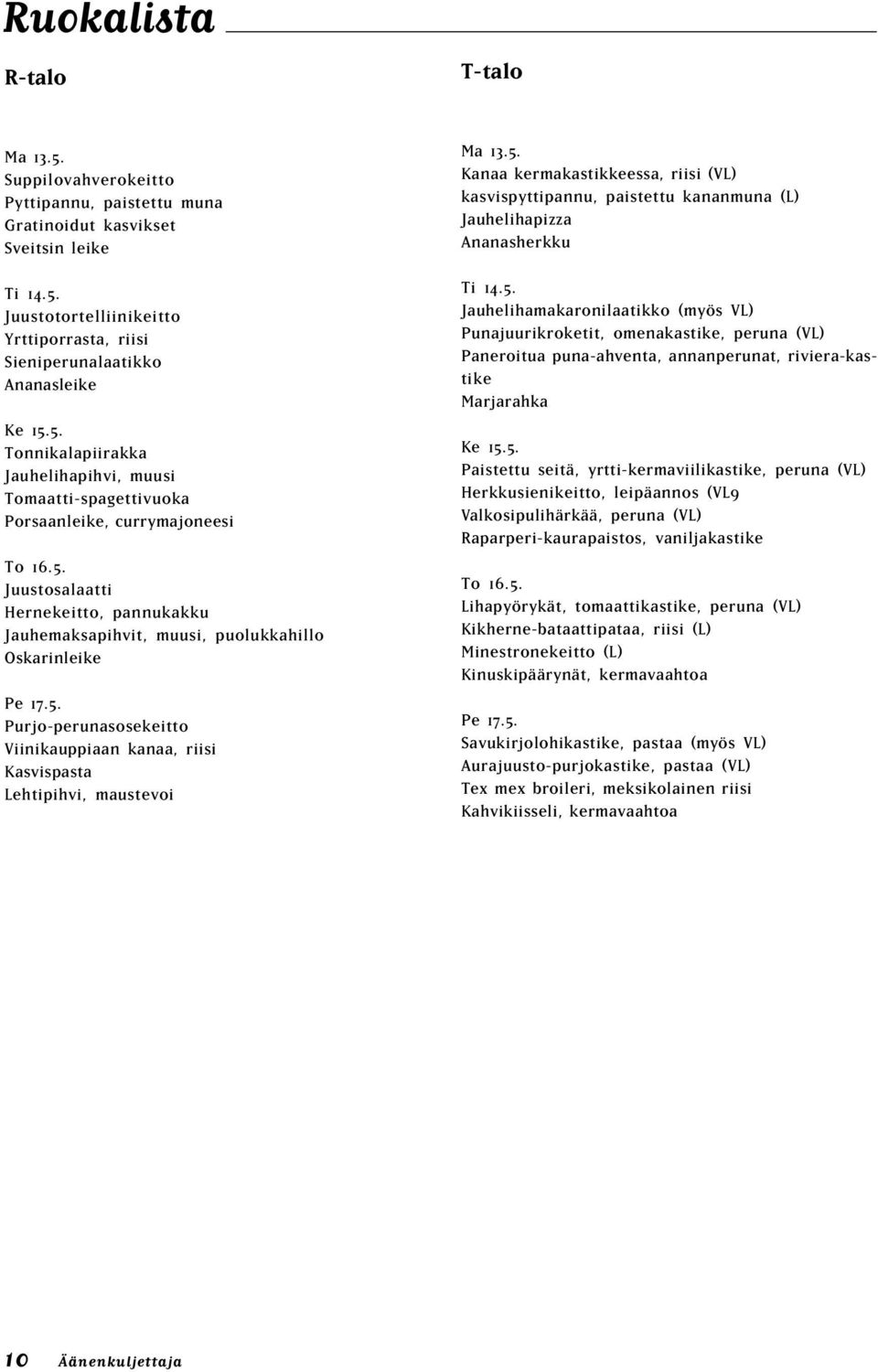 5. Purjo-perunasosekeitto Viinikauppiaan kanaa, riisi Kasvispasta Lehtipihvi, maustevoi Ma 13.5. Kanaa kermakastikkeessa, riisi (VL) kasvispyttipannu, paistettu kananmuna (L) Jauhelihapizza Ananasherkku Ti 14.