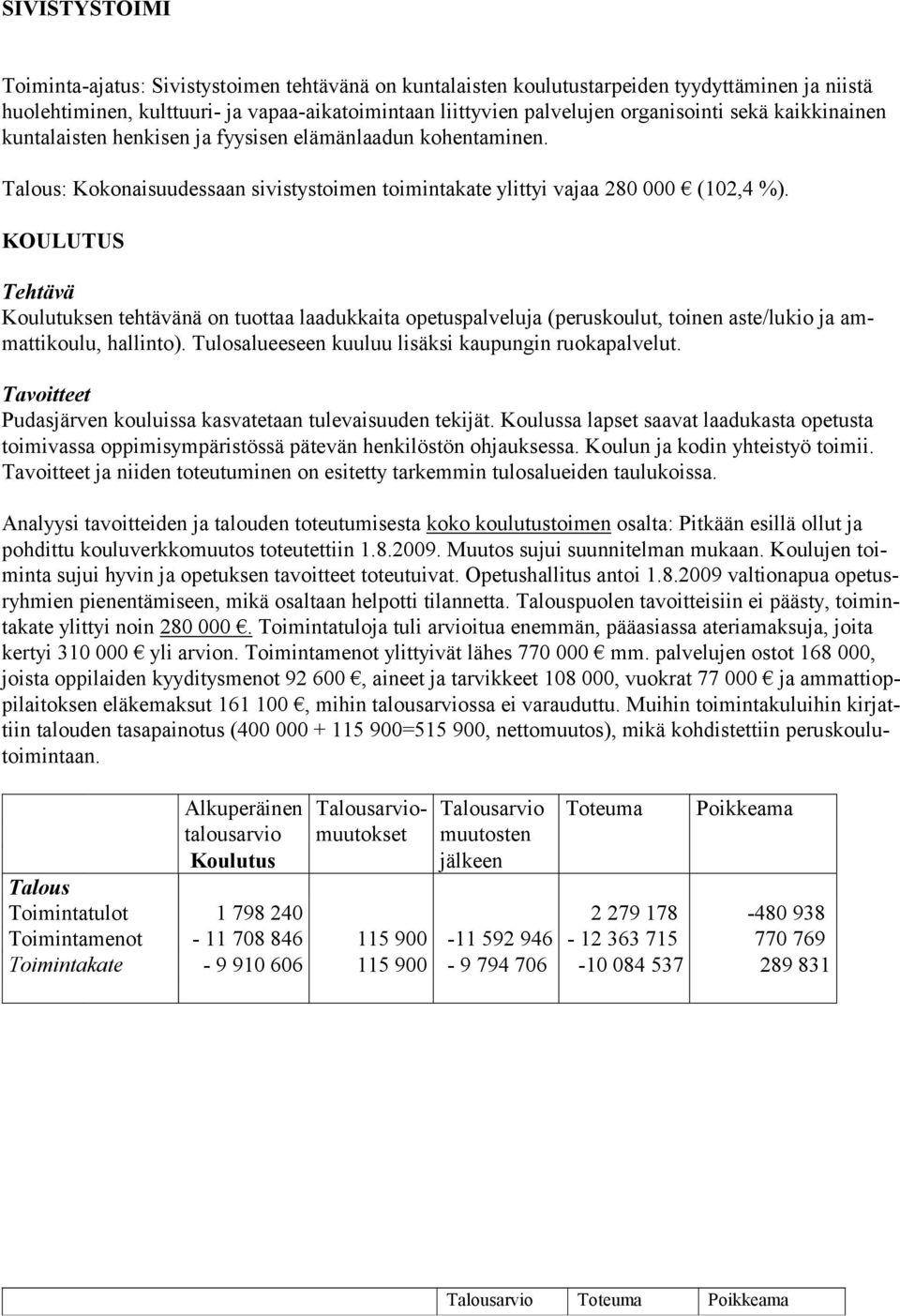 KOULUTUS Koulutuksen tehtävänä on tuottaa laadukkaita opetuspalveluja (peruskoulut, toinen aste/lukio ja ammattikoulu, hallinto). Tulosalueeseen kuuluu lisäksi kaupungin ruokapalvelut.