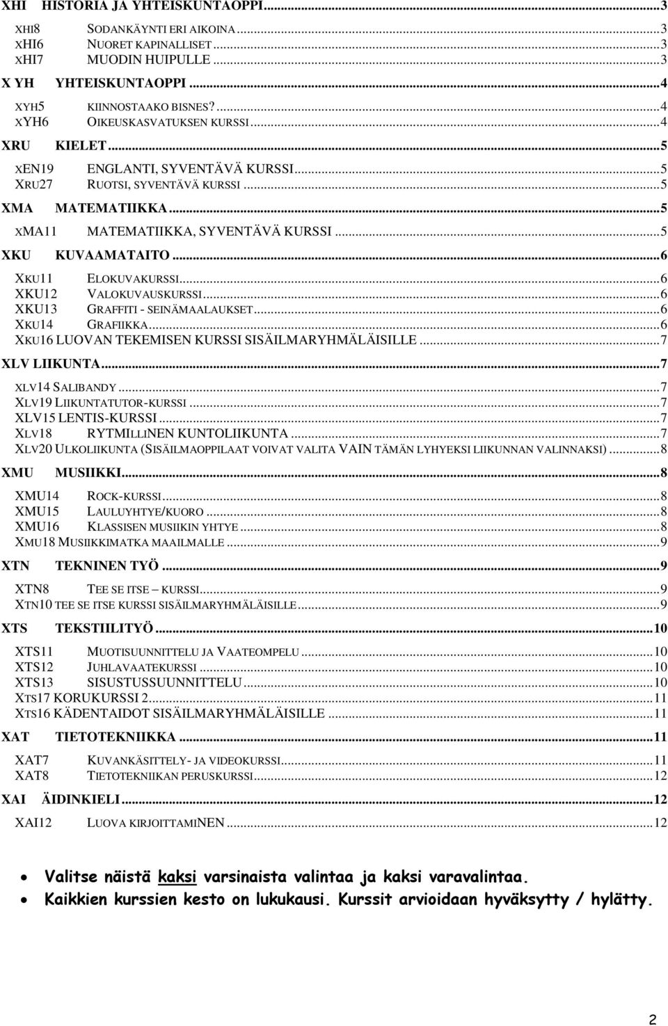 .. 5 XKU KUVAAMATAITO... 6 XKU11 ELOKUVAKURSSI... 6 XKU12 VALOKUVAUSKURSSI... 6 XKU13 GRAFFITI - SEINÄMAALAUKSET... 6 XKU14 GRAFIIKKA... 6 XKU16 LUOVAN TEKEMISEN KURSSI SISÄILMARYHMÄLÄISILLE.