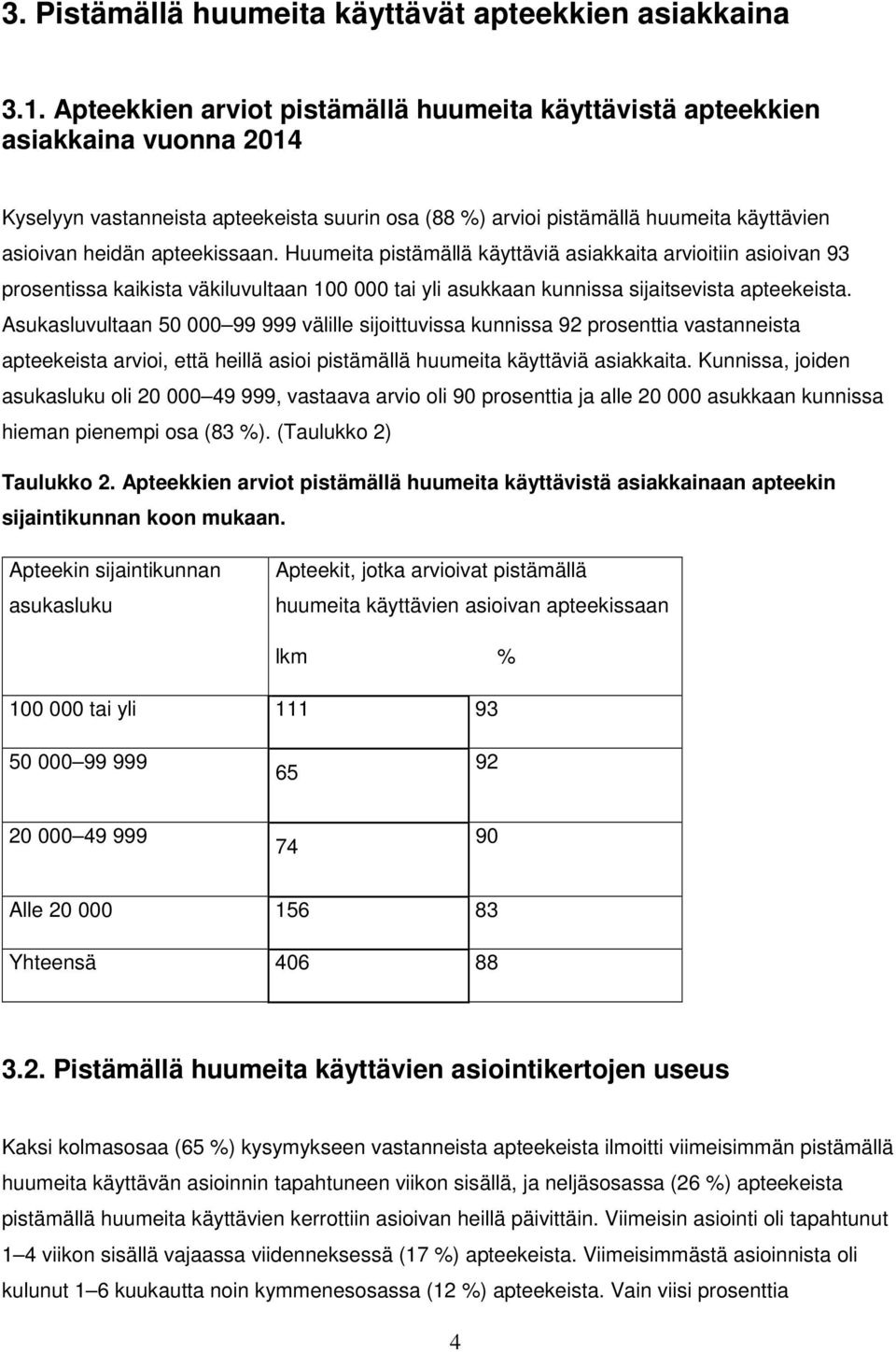 apteekissaan. Huumeita pistämällä käyttäviä asiakkaita arvioitiin asioivan 93 prosentissa kaikista väkiluvultaan 100 000 tai yli asukkaan kunnissa sijaitsevista apteekeista.