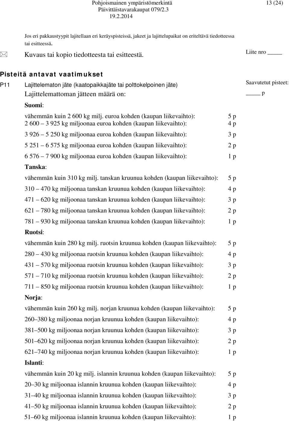 Pisteitä antavat vaatimukset P11 Lajittelematon jäte (kaatopaikkajäte tai polttokelpoinen jäte) Lajittelemattoman jätteen määrä on: Suomi: vähemmän kuin 2 600 kg milj.