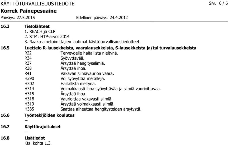 R38 Ärsyttää ihoa. R41 Vakavan silmävaurion vaara. H290 Voi syövyttää metalleja. H302 Haitallista nieltynä. H314 Voimakkaasti ihoa syövyttävää ja silmiä vaurioittavaa.