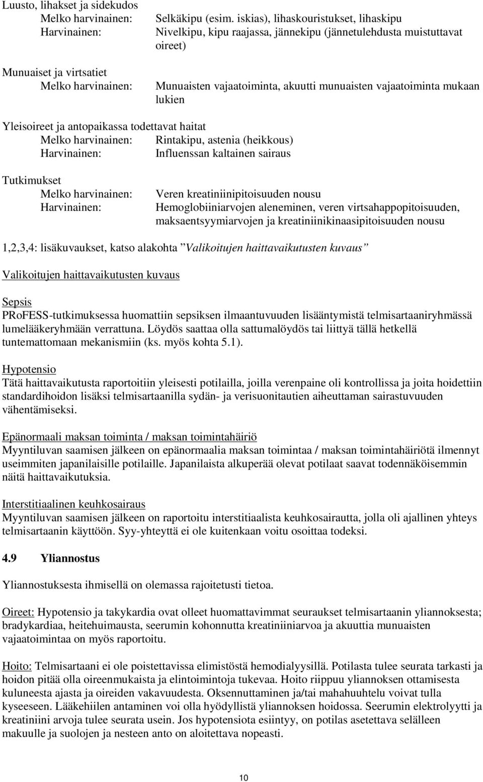 antopaikassa todettavat haitat Rintakipu, astenia (heikkous) Influenssan kaltainen sairaus Tutkimukset Veren kreatiniinipitoisuuden nousu Hemoglobiiniarvojen aleneminen, veren virtsahappopitoisuuden,