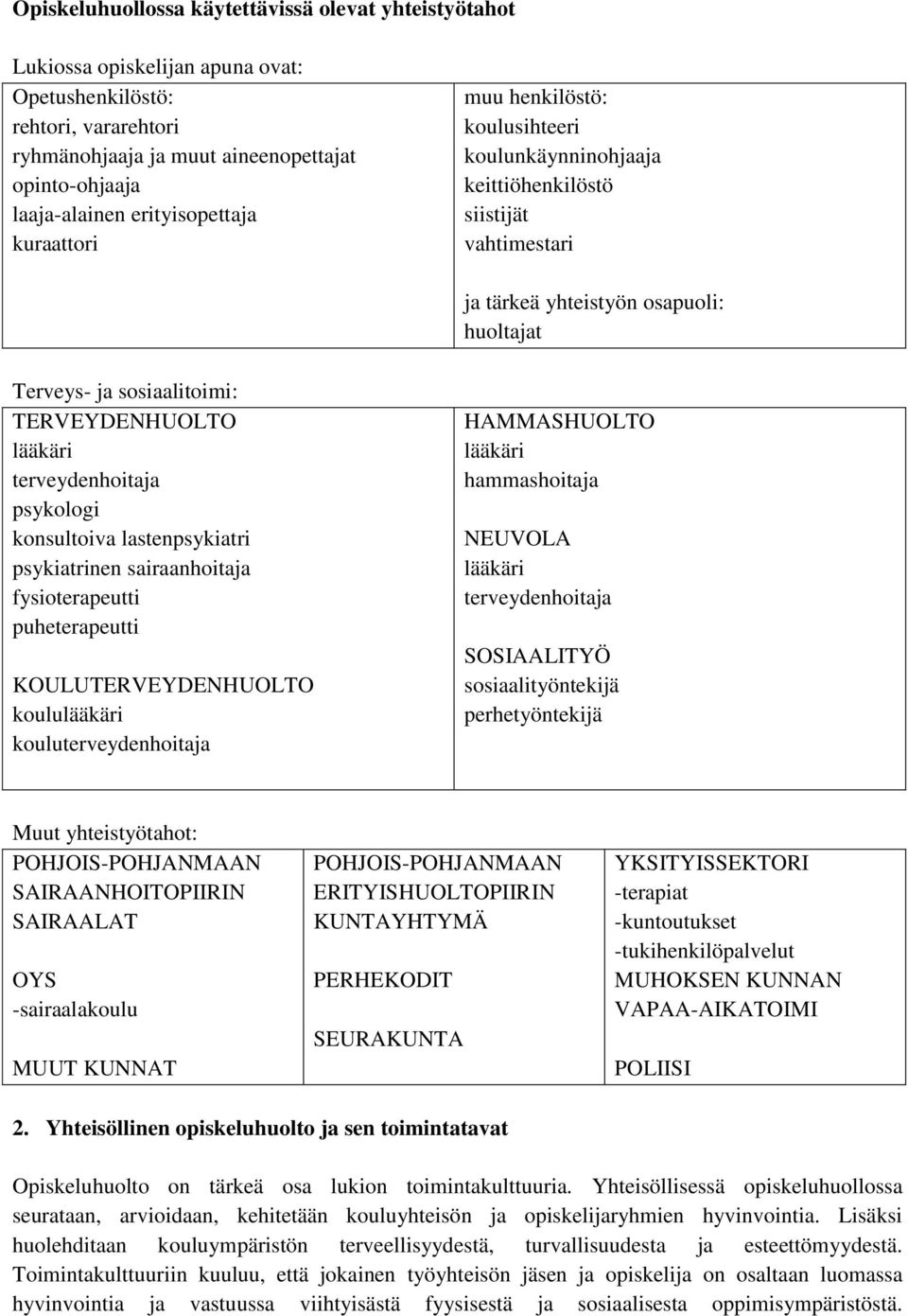 TERVEYDENHUOLTO lääkäri terveydenhoitaja psykologi konsultoiva lastenpsykiatri psykiatrinen sairaanhoitaja fysioterapeutti puheterapeutti KOULUTERVEYDENHUOLTO koululääkäri kouluterveydenhoitaja