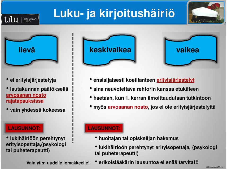 kerran ilmoittaudutaan tutkintoon myös arvosanan nosto, jos ei ole erityisjärjestelyitä LAUSUNNOT: lukihäiriöön perehtynyt erityisopettaja,(psykologi tai