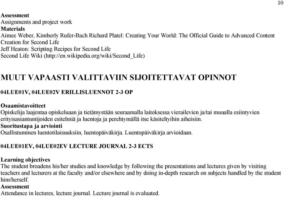 org/wiki/second_life) MUUT VAPAASTI VALITTAVIIN SIJOITETTAVAT OPINNOT 04LUE01V, 04LUE02V ERILLISLUENNOT 2-3 OP laajentaa opiskeluaan ja tietämystään seuraamalla laitoksessa vierailevien ja/tai